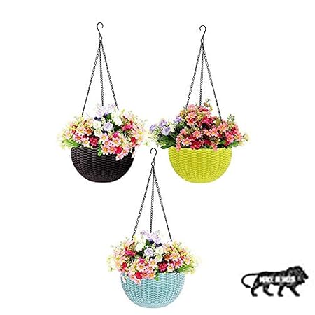 Generic Multicolor Round Rattan Woven Plastic Flower Hanging Planter/Beautiful Round Gamla Pot/Flower Hanging Pot for Garden Balcony (Multicolor, Pack of 3)