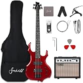 Fojill Cool Shape 4 Four String Electric Bass Guitar 20W Amplifier Amp Right Hand Beginner Starter Kit Set Combo Bundle Accessory Gig Bag,Strap,Picks,Capo,Noiselss Cable,Strings(Metallic Red)