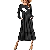 CzzzyL Women Nursing Dress Crew Neck Fall Maternity Flowy Long Sleeve Smocked Cuffs Tiered Cocktail Dresses with Pockets