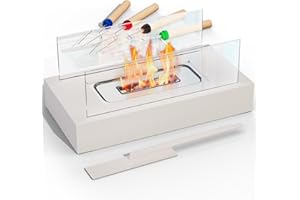 Tabletop Fire Pit Indoor Outdoor: PalProt® White Fireplace with Glass - Rectangle Firepit Bowl Centerpiece Decor - Table Top Place Inside Bedroom Coffee Patio Balcony - Fuel Burning Flame Smores Maker