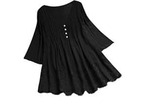 Meikosks Womens Linen Blouses 3/4 Sleeve V Neck Tops Lace Patchwork Plus Size T Shirt Pullover