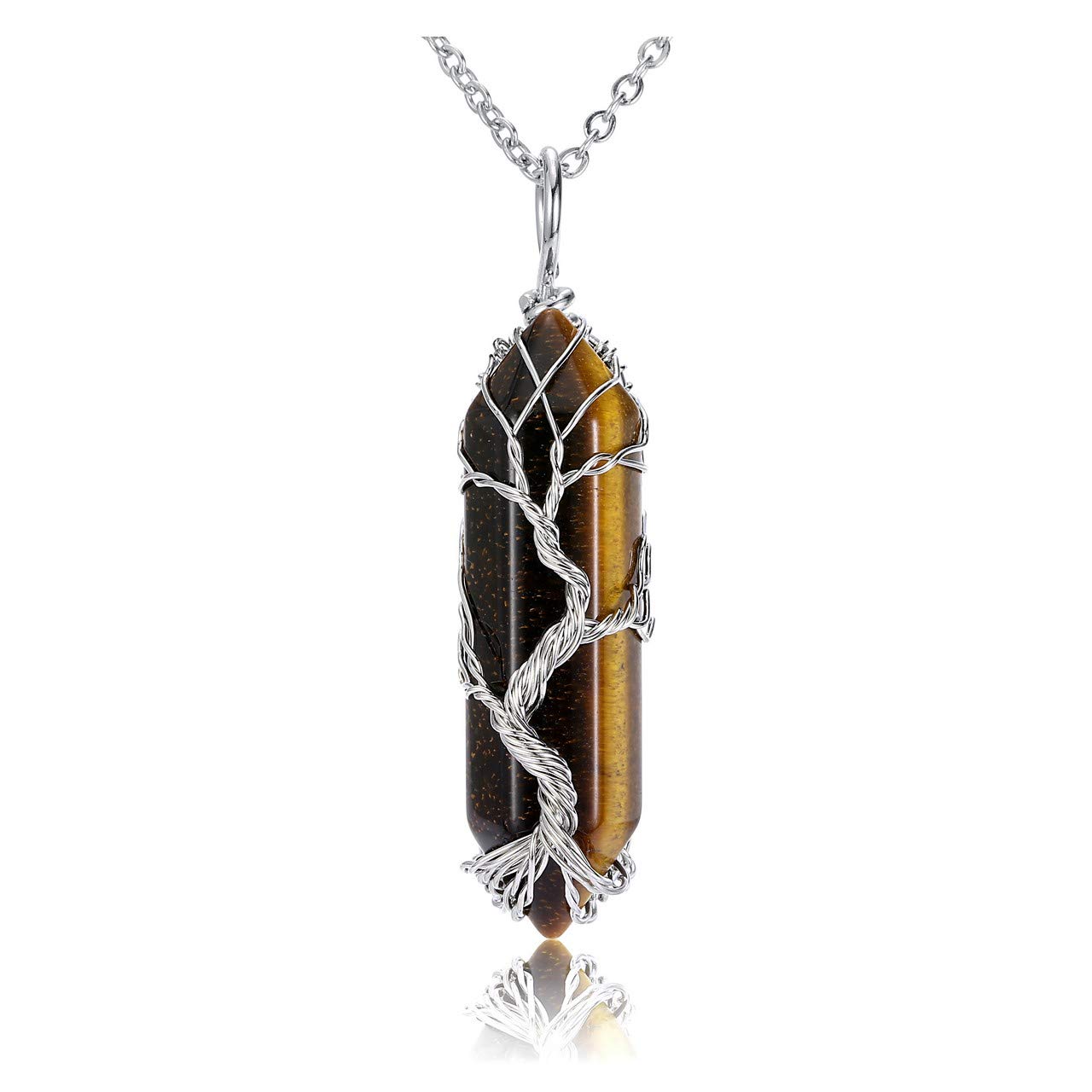 CrystalTears Natural Tiger Eye Healing Crystal Stone Necklace Tree Life Wire Wrapped Hexagonal Crystal Points Pendant Necklace for Women Gifts for Christmas