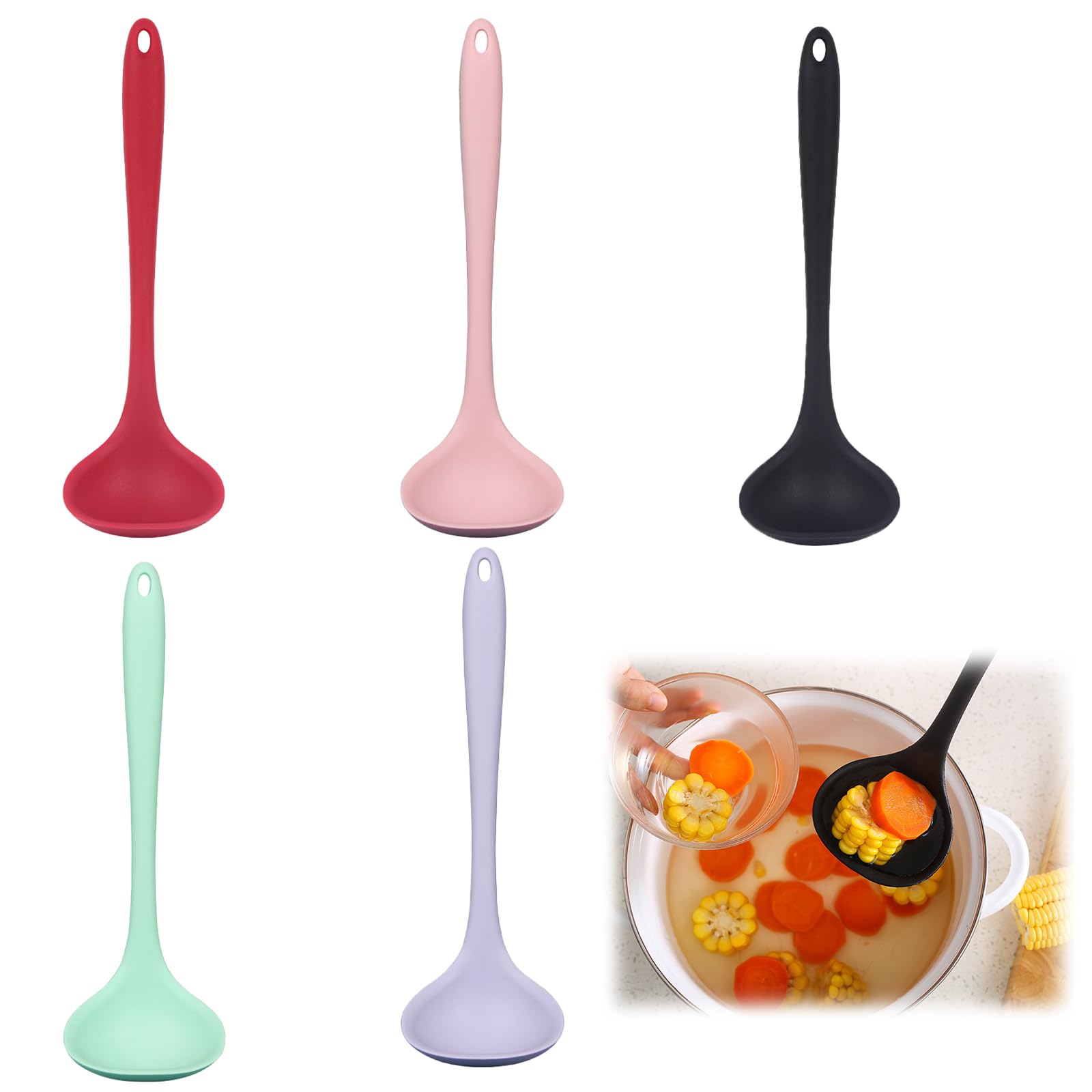 5 PCS Soup Ladle Silicone Ladle Set Ladle Sauce Ladle Sauce Spoon Hausfelder Kitchen Utensil Set, BPA-Free Ladle with Hanging Hole for Stirring