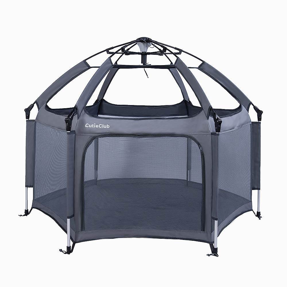 CutieClub Portable Playard with Safety Mattress for Infants and Babies, 6-Panel Kids Playpen with Anti UV Canopy for Indoor and Outdoor (Grey)