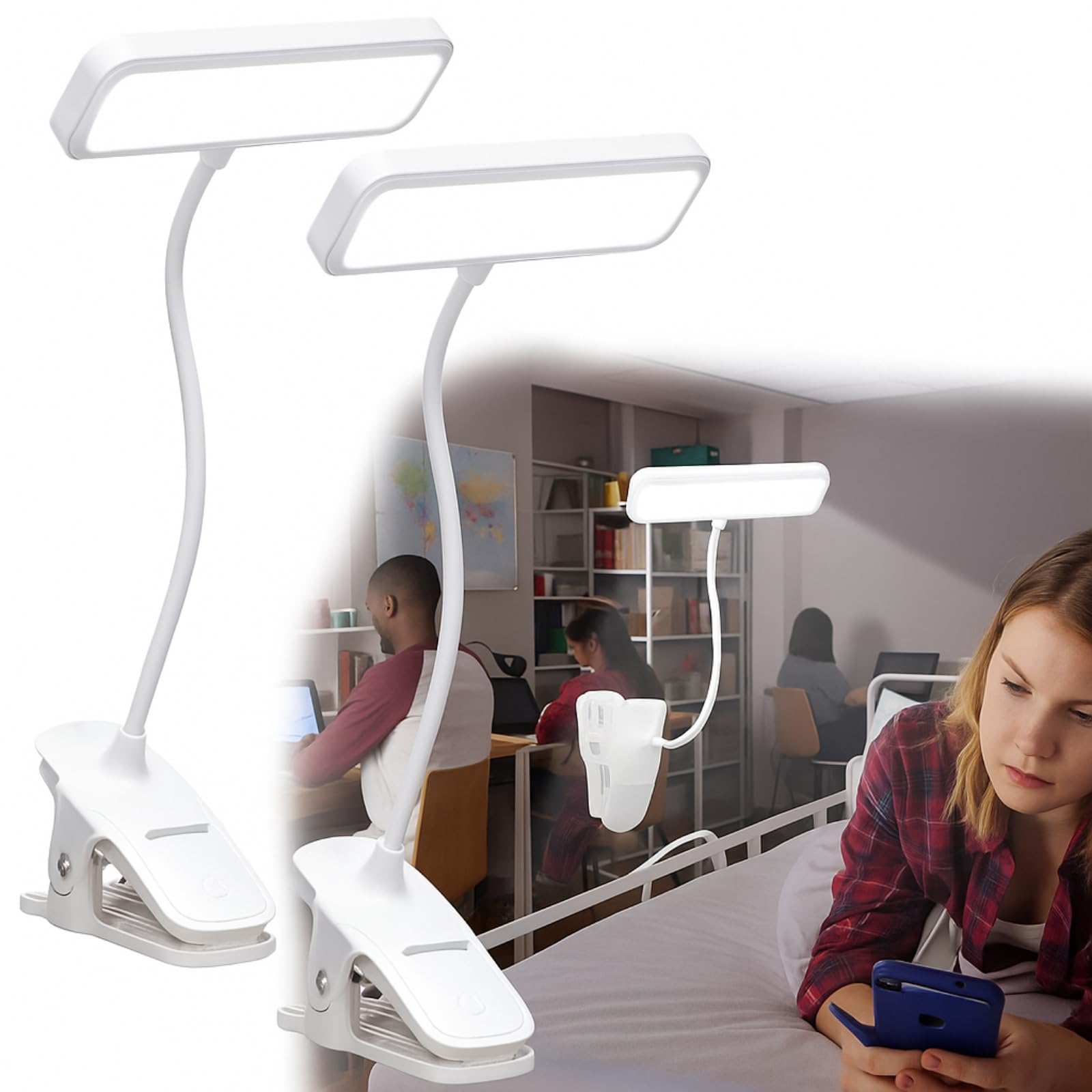 Photo 1 of Retisee 2 Pack Dorm Room Essential Clip on Reading Light for Bed Headboard Desk Lamp 3 Color 3 Brightness College Flexible Gooseneck Book Light with Clamp for Bunk Makeup