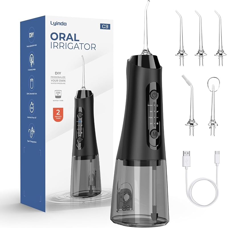 Munddusche, 320 ml, 5 Düsen, 4 Modi, USB-C, IPX7, Schwarz