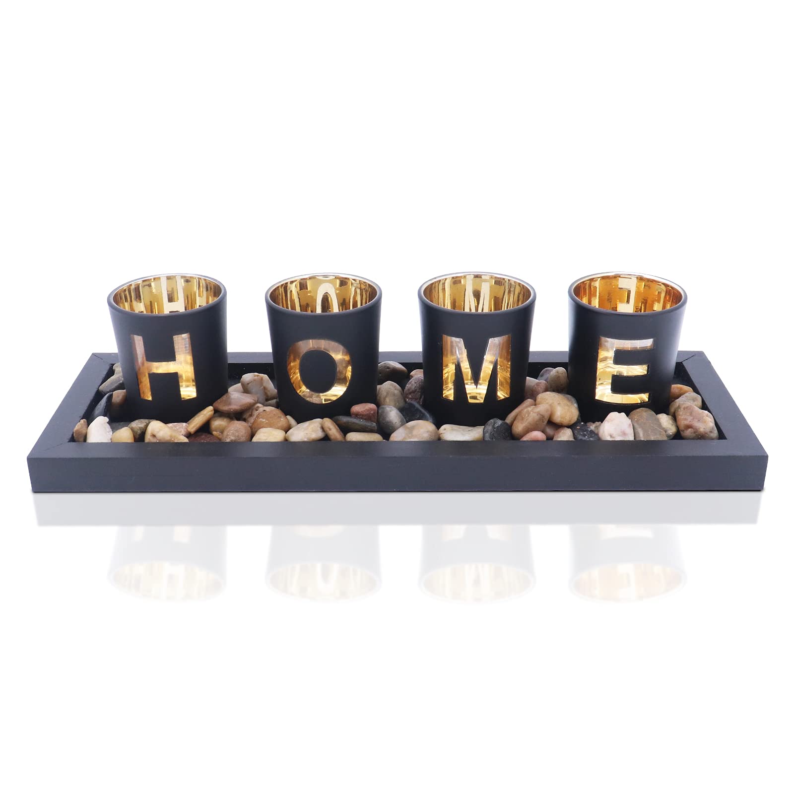 Candle Holder Set, Includes 4 Glass Cups, Natural Stones and Wooden Tray for Table Home Decorations (Home)