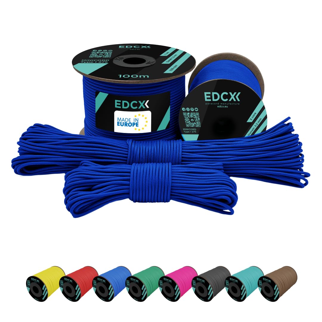 EdcX 2 mm Nylon Paracord 275 (15, 30, 50 and 100 m)– 100% Nylon rope, 3-Strand cord, Nylon cord 2 mm in Many Colours (Blue, 30 m)