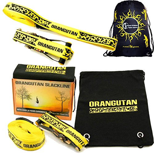 Orangutan SLACKLINE 15m Set - Great Value Including Ratchet + Straps + Bag! Perfect Balance Slack Line For All Ages And Skill (Neon Yellow)