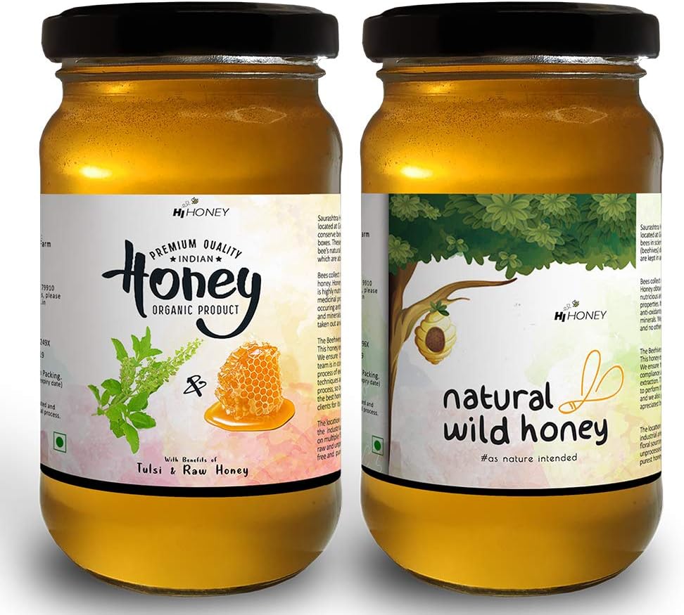 HiHoney Natural, Raw and Unpasteurized Saurashtra Honey Bee Farm Organic Forest Honey and Tulsi Infused Honey Combo Glass Jar (250 g + 20 g x 2)