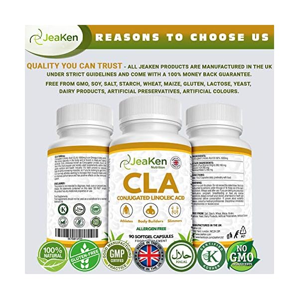 JeaKen-CLA-Conjugated-Linoleic-Acid-1000mg-CLA-Supplement-Maximum-Strength-80-Derived-from-Safflowers-to-Reduce-Body-Fat-and-Increase-Muscle-Mass-90-Allergen-Free-Capsules-Non-GMO JeaKen - CLA Conjugated Linoleic Acid 1000mg - CLA Supplement Maximum Strength - 80% Derived from Safflowers to Reduce…