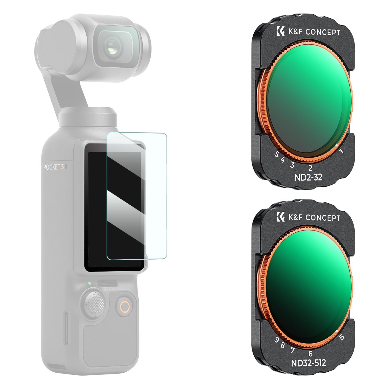 K&F CONCEPT Variable ND2-32 + ND32-512 Filter Kit Compatible with DJI Osmo Pocket 3, Waterproof Neutral Density Filters Adjustable ND Filters