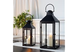 JHY DESIGN Set of 2 Black Decorative Lanterns 17.5inch&13.5inch Metal Candle Lanterns for Indoor Outdoor Events Paritie and Weddings Vintage Style Hanging Lantern