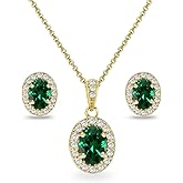 B. BRILLIANT Yellow Gold Flashed Sterling Silver Genuine, Created or Simulated Gemstone & CZ Oval Halo Necklace & Stud Earrings Jewelry Set for Women Bridesmaids with Gift Box