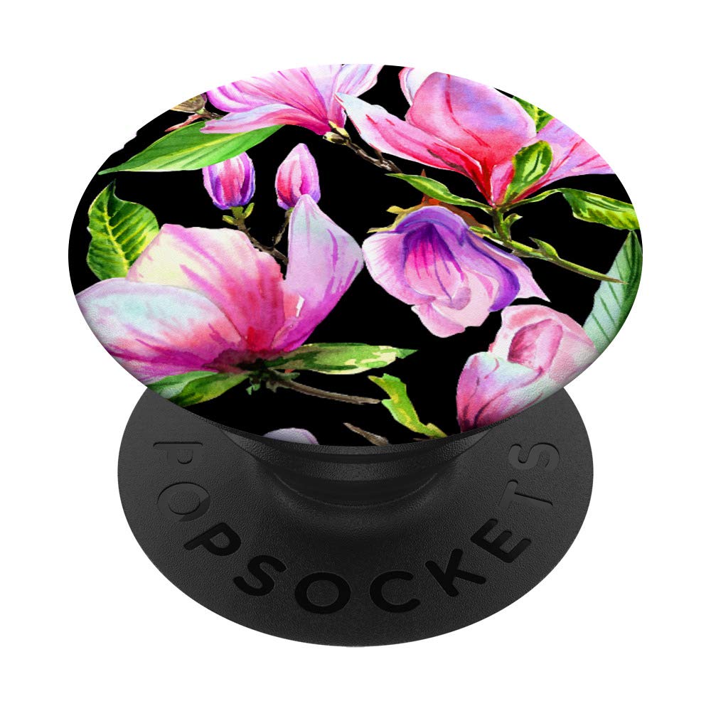 Pink Magnolia Flower Pattern on Black Floral Gift PopSockets PopGrip: Swappable Grip for Phones & Tablets