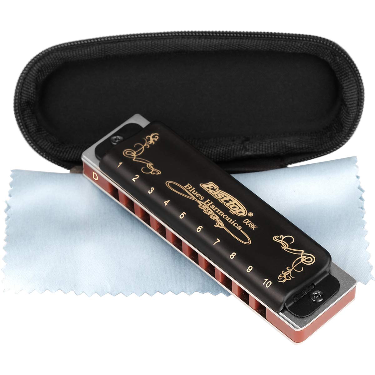 Professional Harmonica Blues Key of D 10 Hole 20 Tone Heavy Duty with Case & Cleaning Cloth for Professional Player,Beginner,Students,Children,Kids,by Eison-East Top,Black,Great Christmas Gift