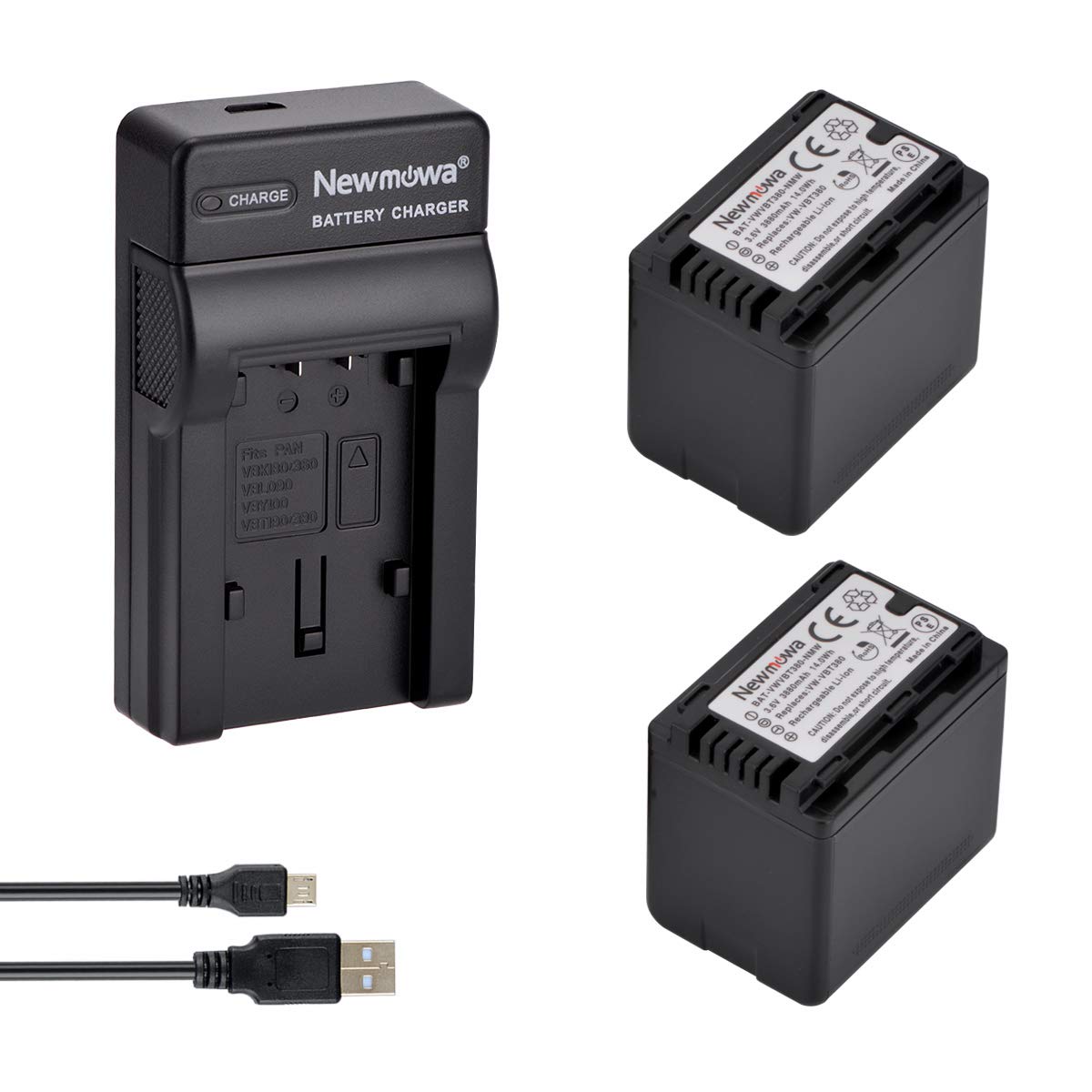 Newmowa VW-VBT380 Replacement Battery (2-Pack) and Portable Micro USB Charger kit for Panasonic VW-VBT380 and Panasonic HC-V110,HC-V210,HC-V520,HC-V720, HC-W570,HC-W580