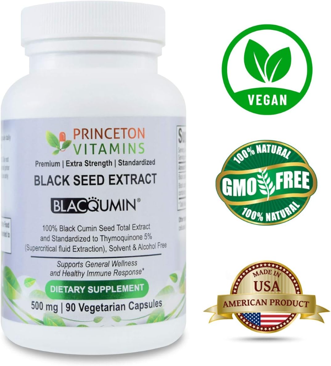 Princeton Vitamins BlacQumin: 100% Black Seed Extract, 500 mg, with Thymoquinone 5%: Supercritical Fluid Extraction, Extra Strength, 90 Vegetarian Capsules