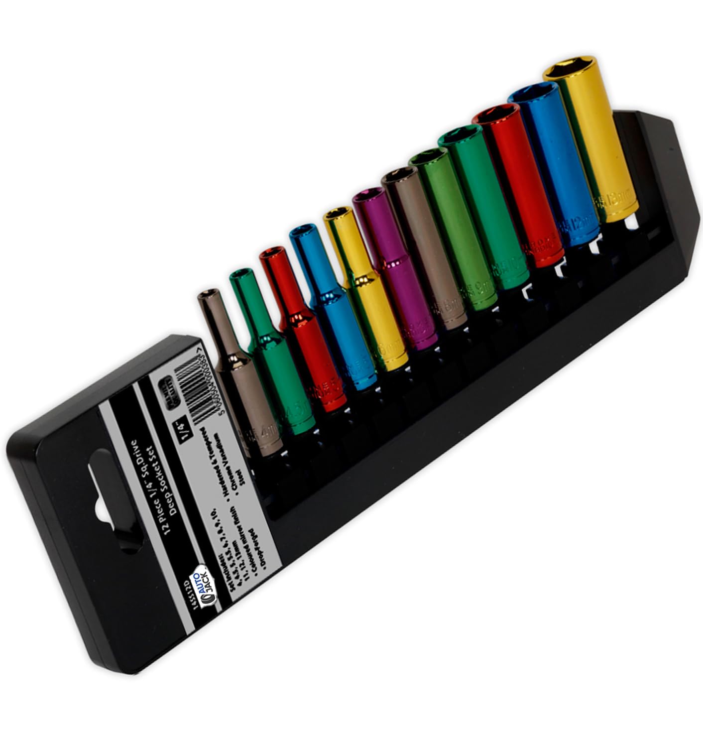Autojack 1/4" Deep Socket Set 12 Piece Metric Multi Coloured Sockets with Included Storage Rack, Premium Chrome Finish for Corrosion Resistance