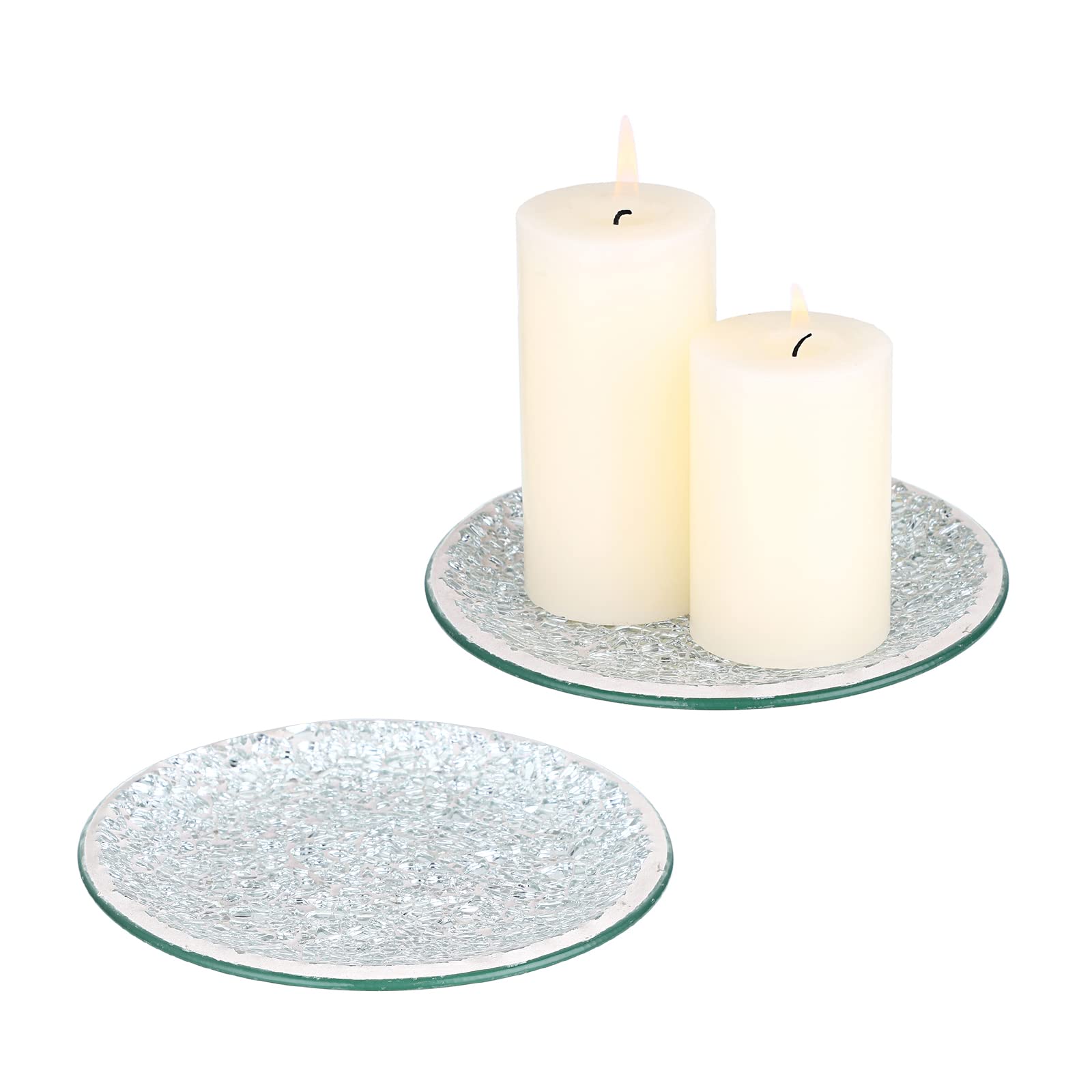 BSTKEY Set of 2 Mosaic Glass Candle Plates, Decorative 15CM Round Candle Plate Holder Pillar Candle Holder, Tealight Candle Mat Cup Plate Coasters (Silver) — image 1