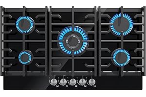 Davivy 34 inch Gas Cooktop,5 Burner Gas Stove Top,Built in All Black Tempered Glass Surface Gas Cooktop - NG/LPG Convertible,Dual Fuel,Thermocouple Protection,Easy Installation,CSA Certified,36004 BTU
