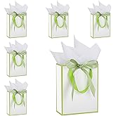 STOBOCTER 6 Pcs Thank You Gift Bags with Handles and Tissue Paper 9 x 7 x 3. 15'' Elegant Welcome Gift Bags with Bow Ribbon for Wedding Bridal Baby Shower Anniversary Birthday Party(White Sage Green)