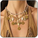 VRNGI Boho Coin Charm Necklace for Women Pirate Necklace Cowboy Cowgirl Western Jewelry for Women Chunky Layered Beaded Coin Necklace Ethnic Gypsy Costume Pirate Accessories Women