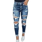 KUNMI Women's Ripped Mid Waisted Boyfriend Jeans Loose Fit Distressed Stretchy Denim Pants