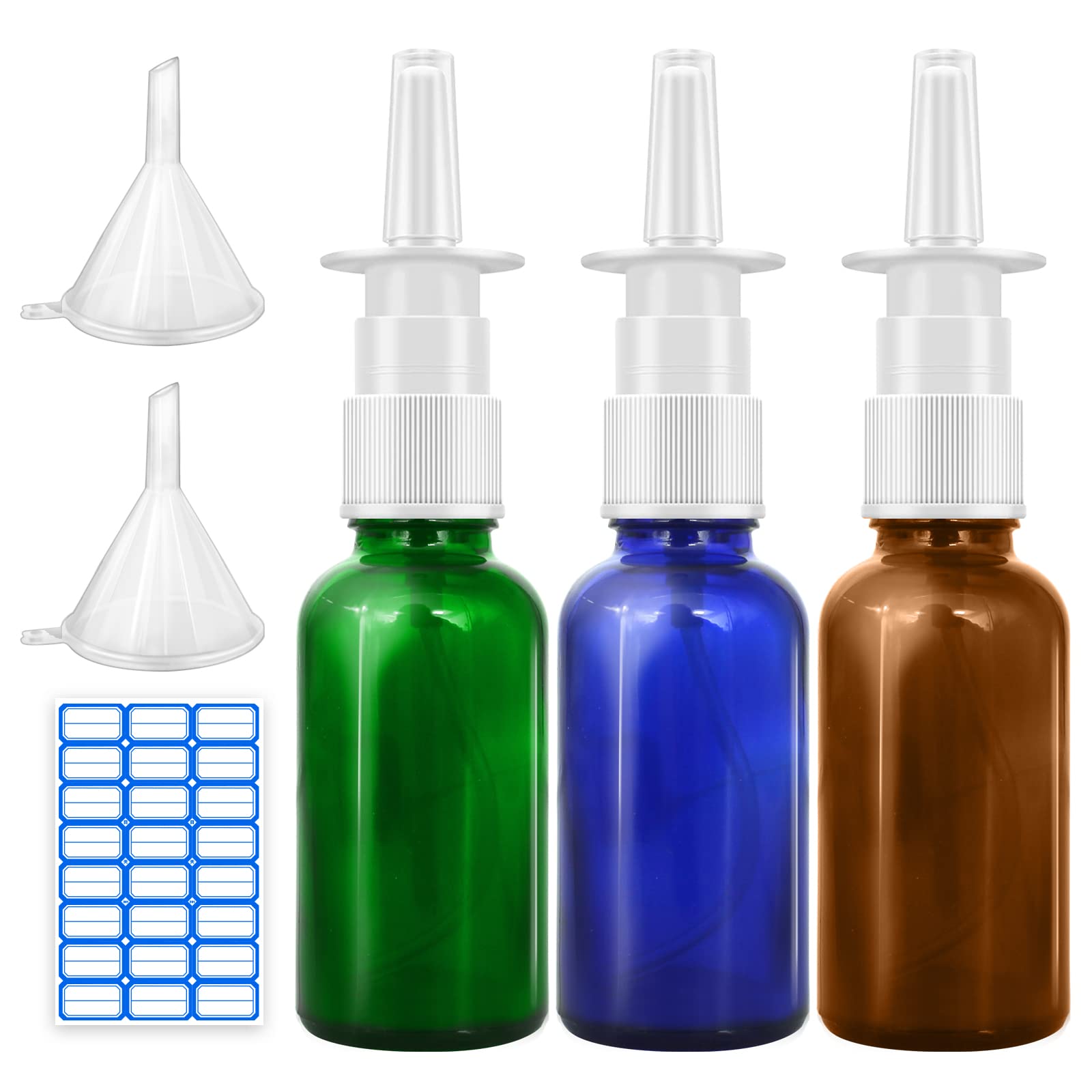 Photo 1 of Cupohus Nasal Spray Bottle, 3 Pcs 30ML/1oz Amber,Cobalt Blue,Green Glass Refillable Fine Mist Sprayers Atomizers, Travel Sized, Empty Nasal Sprayer with Funnels and Labels