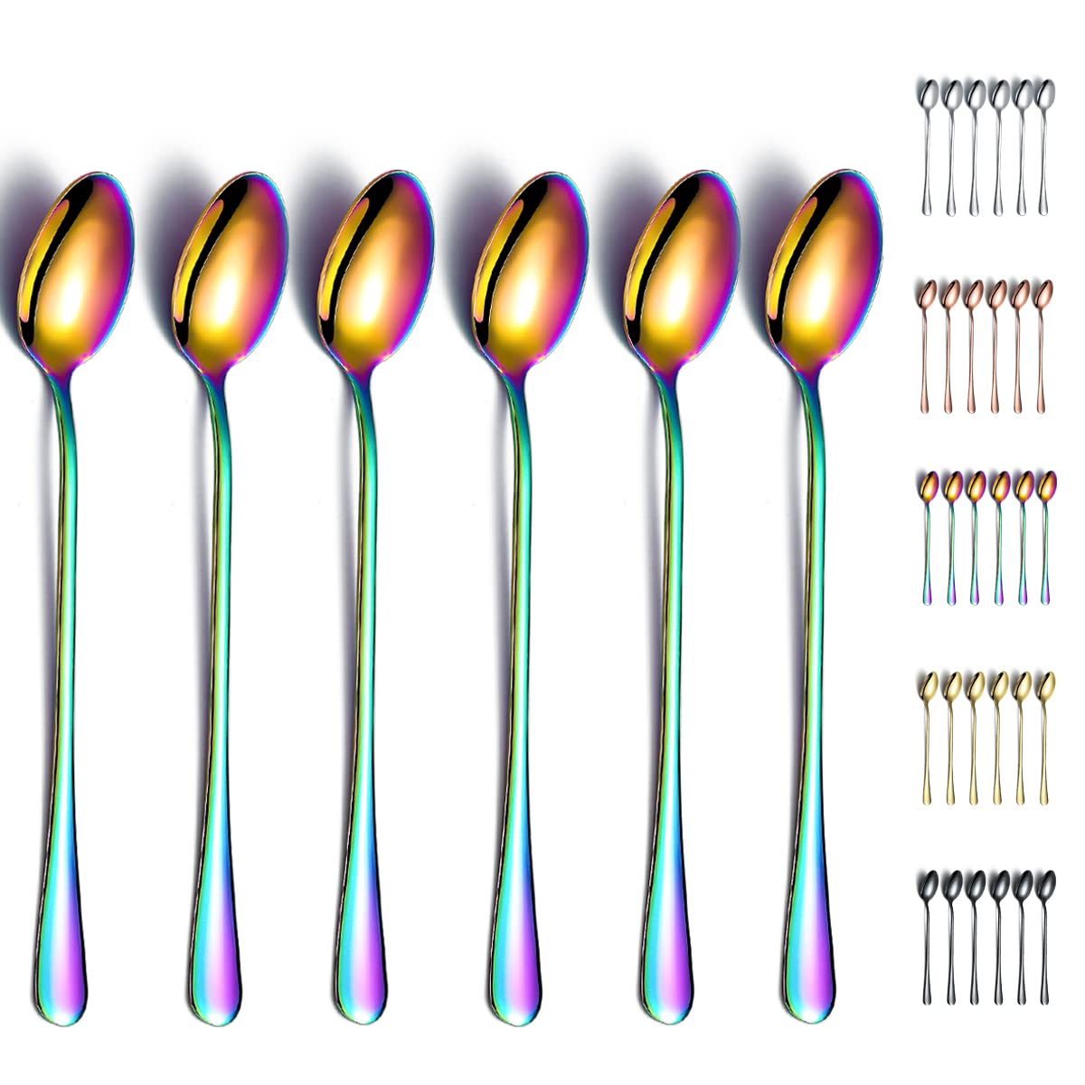 Rainbow Iced Spoon,Kyraton Stainless Steel 7.5" Long Handle Mixing Spoon with Colorful Titanium Plating,Ice Cream Spoon, Stirring Bar Spoon, Cocktail Spoon, Latte Spoon Pack of 6