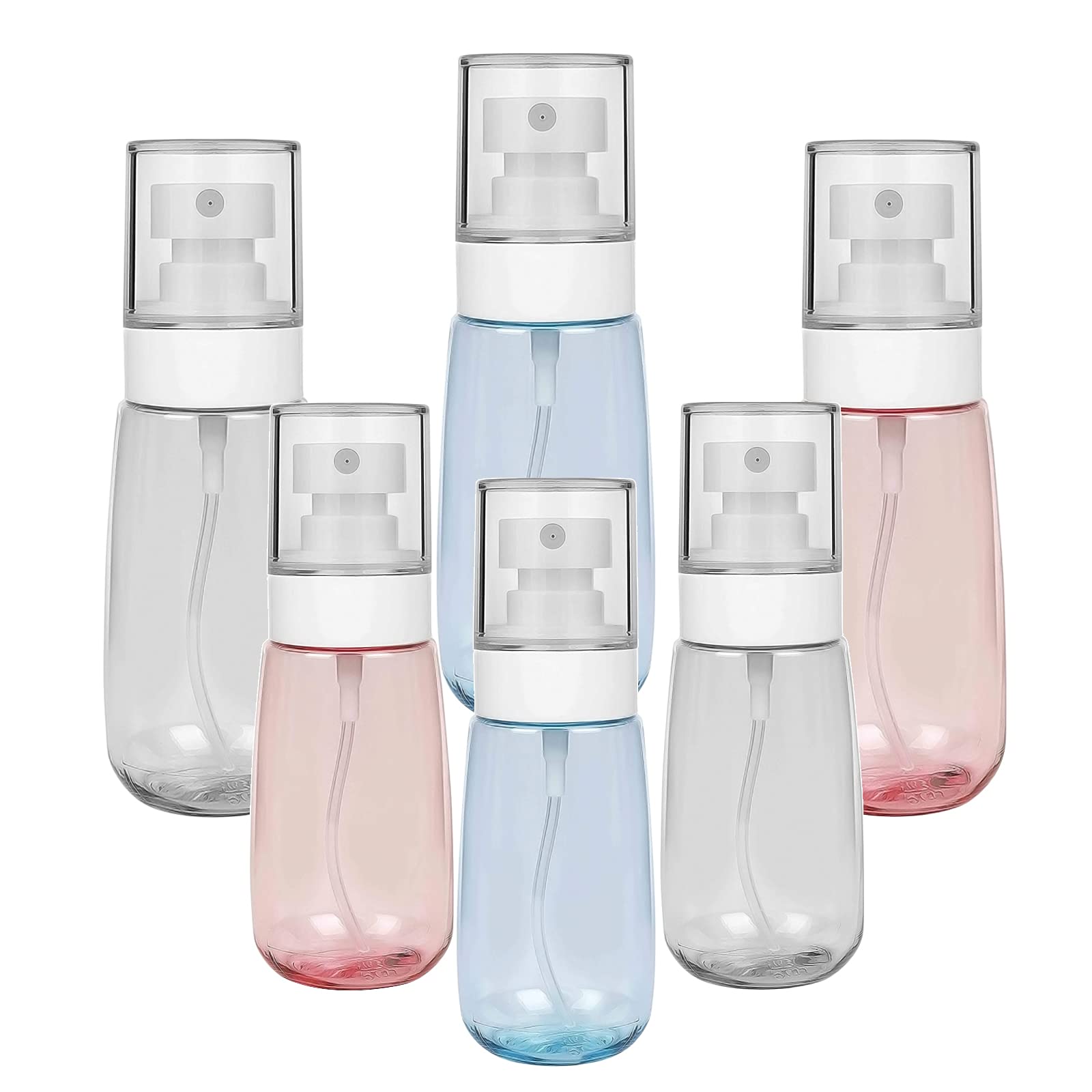 Lahviuu Spray Bottles,6 pcs Fine Mist Empty Travel Bottle Set Portable Reflillable Liquid Containers,Atomiser for Cosmetic,Make Up,Hair,Perfume,60ml and 100ml(Pink, Clear, Blue)
