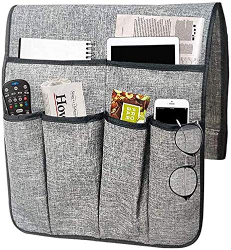 FakeFace Cotton Linen Arm Rest Organiser Bag Hanging Sofa Caddy Storage Bag TV Remote Control Holder Armchairs Couch Organiser Cell Phone Pouch Chair Tidy Table Space Saver for Living Room Grey
