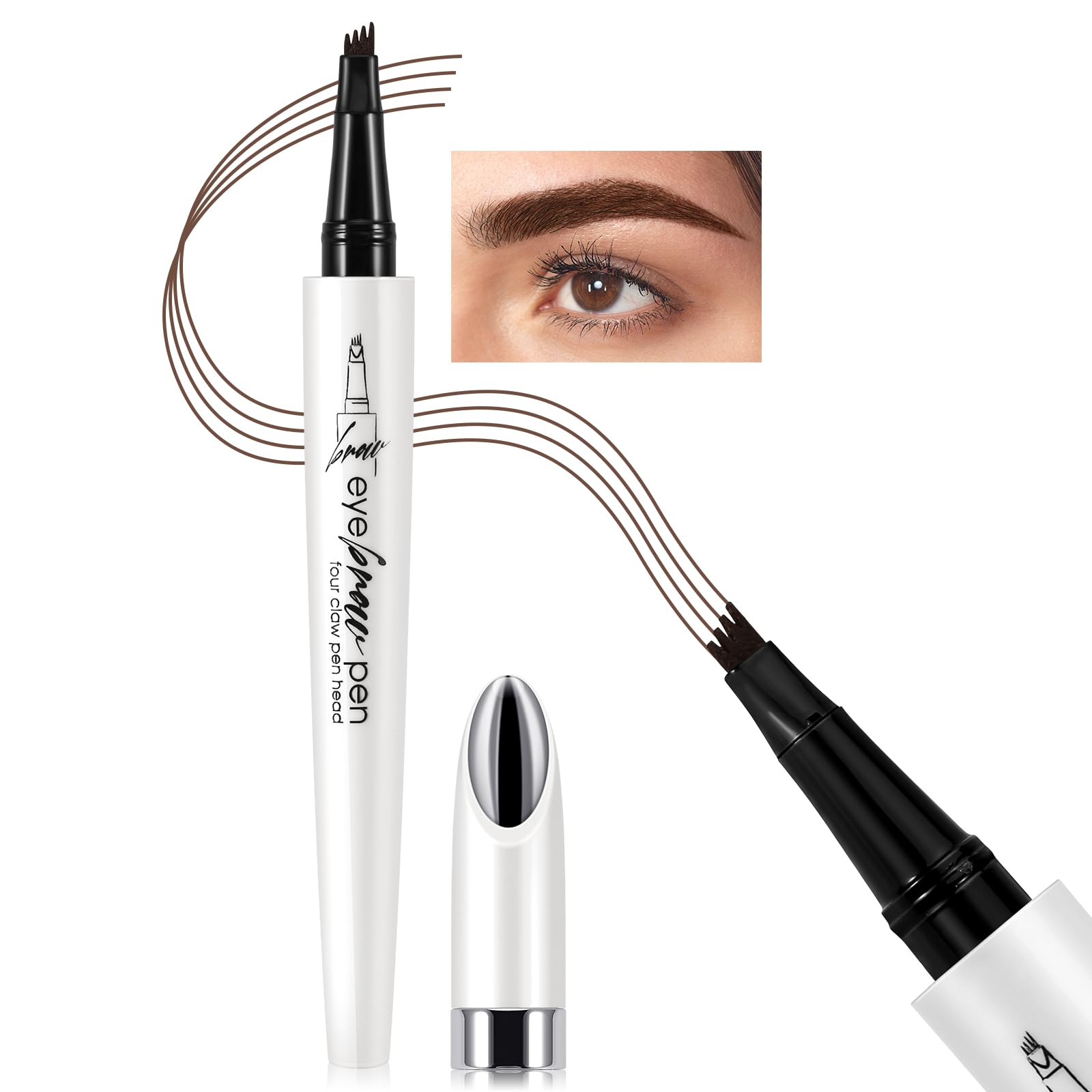 Boobeen Waterproof Liquid Eyeprow Pen, 4 Micro Fork Tips for Eyebrows, Precision Eyebrow Pencil, Creating Natural 3D Brows