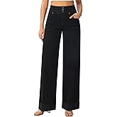 roswear Women's High Waisted Stretchy Wide Leg Jeans Cuffed Baggy Jeans Loose Denim Pants