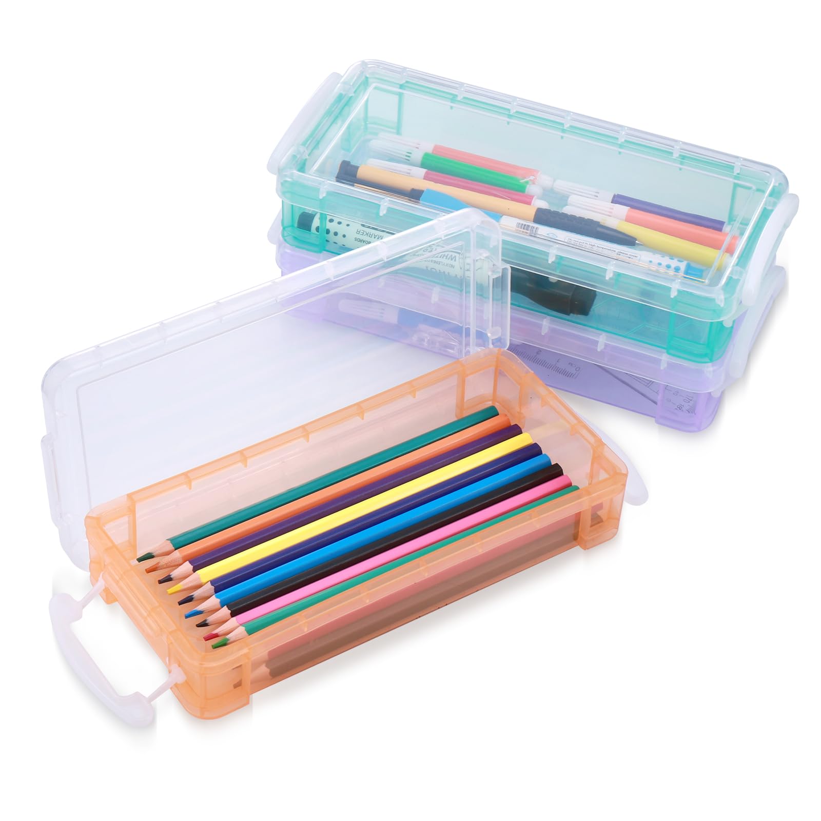 JIANTA 3 Pack Stackable Pencil Boxes, Plastic Pencil Case with Snap-Tight Lid, Clear Pen Box Organizer for School Office Supplies Storage