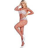 Amashion women's Sexy Fishnet Bodysuit Stockings,Hollow Out Rave Outfits and Mesh Top Set,Club Outfit Exotic Dancewear
