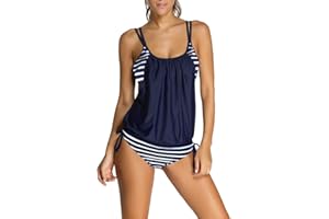 Dokotoo Womens 2024 Fashion Stripes Print Lined Up Double Up Tankini Sets Swimsuits Bathing Suit Swimwear (S-3XL)