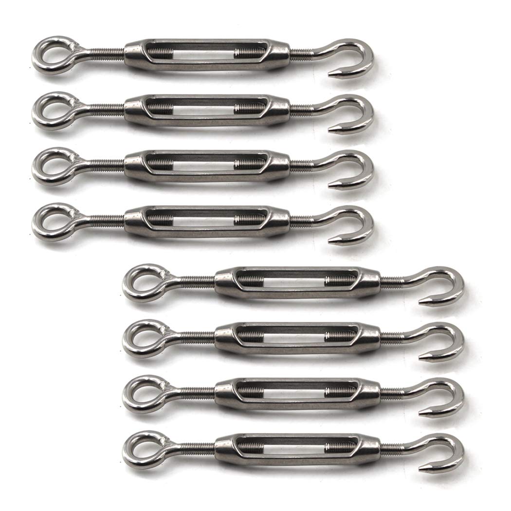 Flomore M4 Turnbuckle 304 Stainless Steel Turnbuckle Hook and Eye Turnbuckle Wire Rope Tension Pack of 8