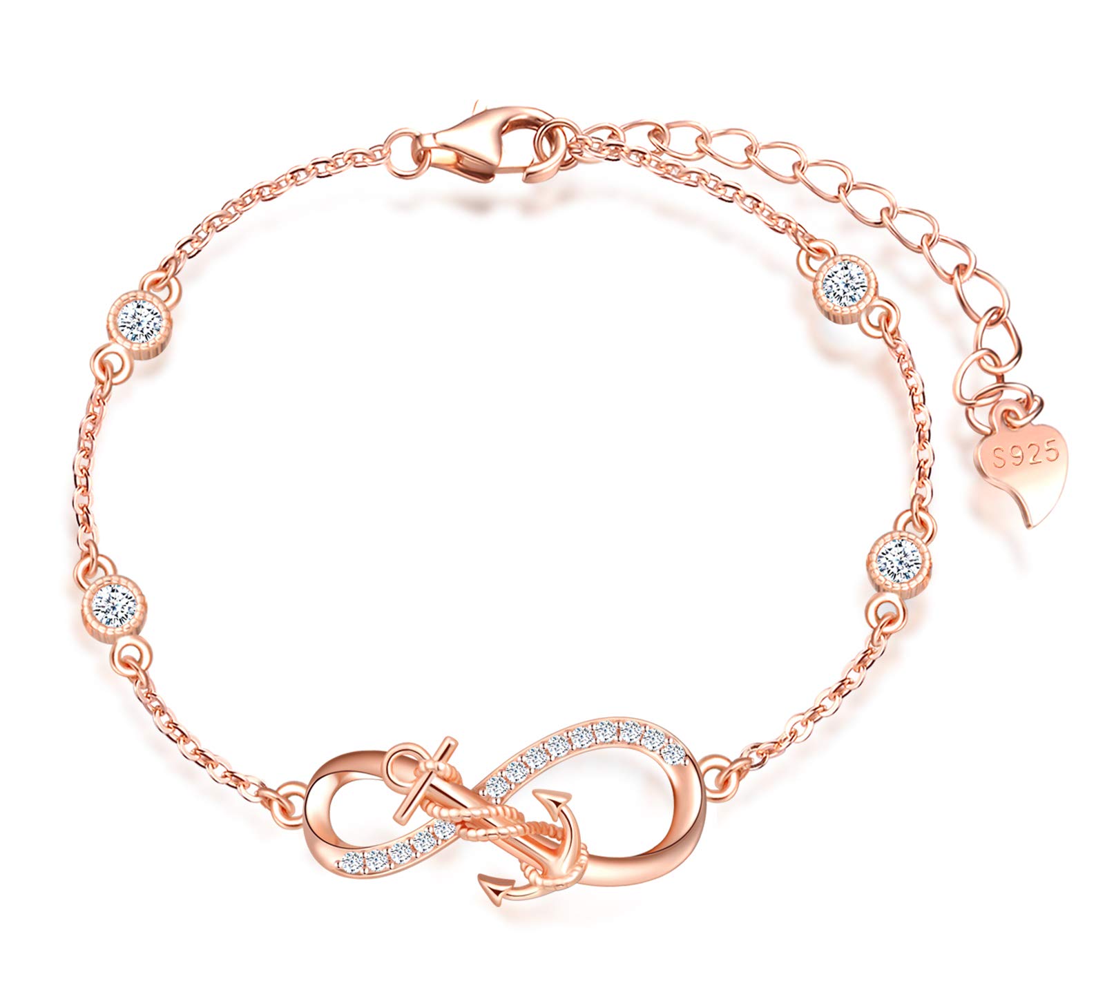MicLee Woman's girl's Bracelet, 925 Sterling Silver bracelet, Anchor and infinity symbol bracelet, Inlaid with zircon, adjustable chain, Unique design bracelet, rose gold