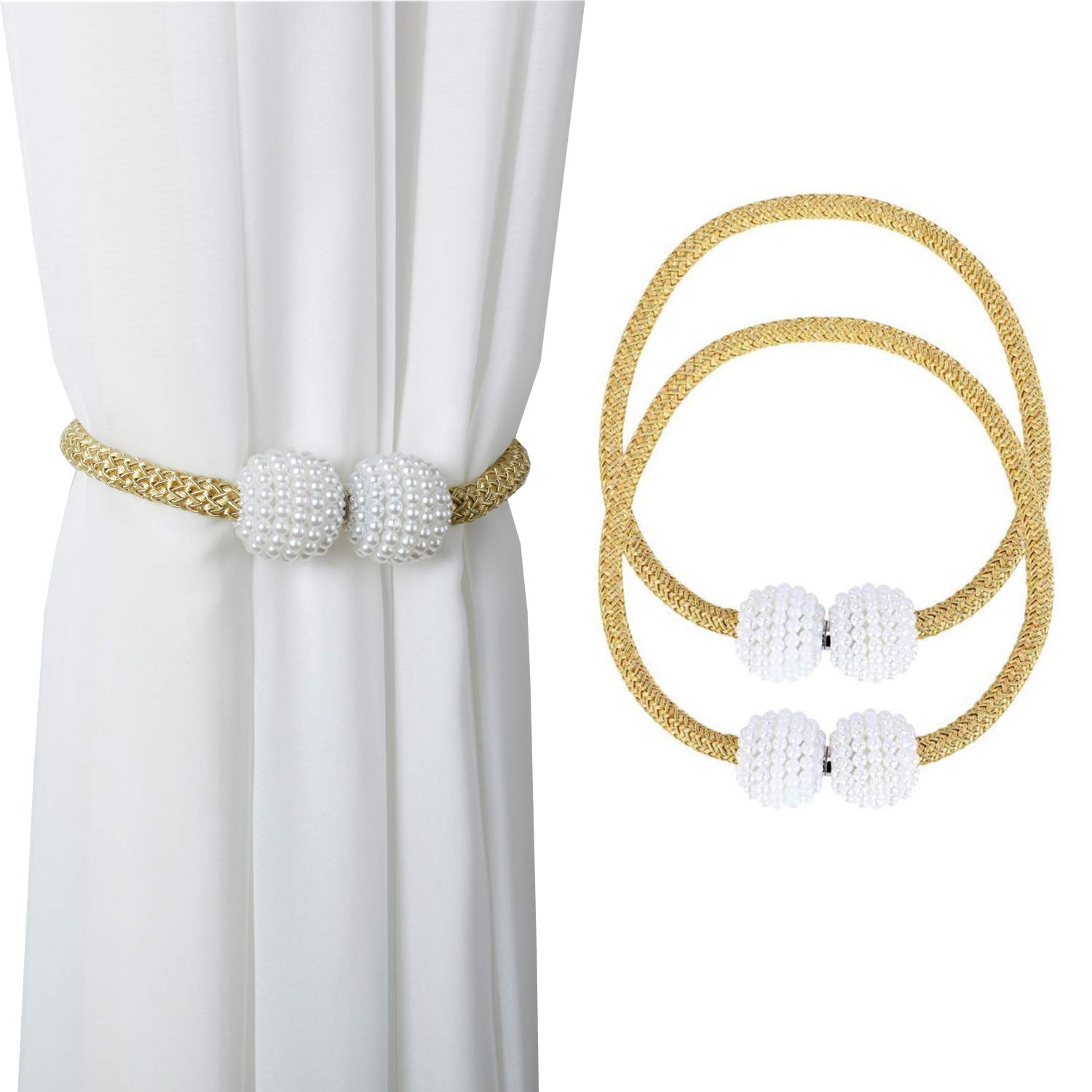 Magnetic Curtain Tie Backs, Magnetic Curtain Clips Rope Curtain Holder Buckles Small Bead Curtain Buckle Clips Rope Holders for Home Office Hotel Window Decoration (2-PACK, Gold)