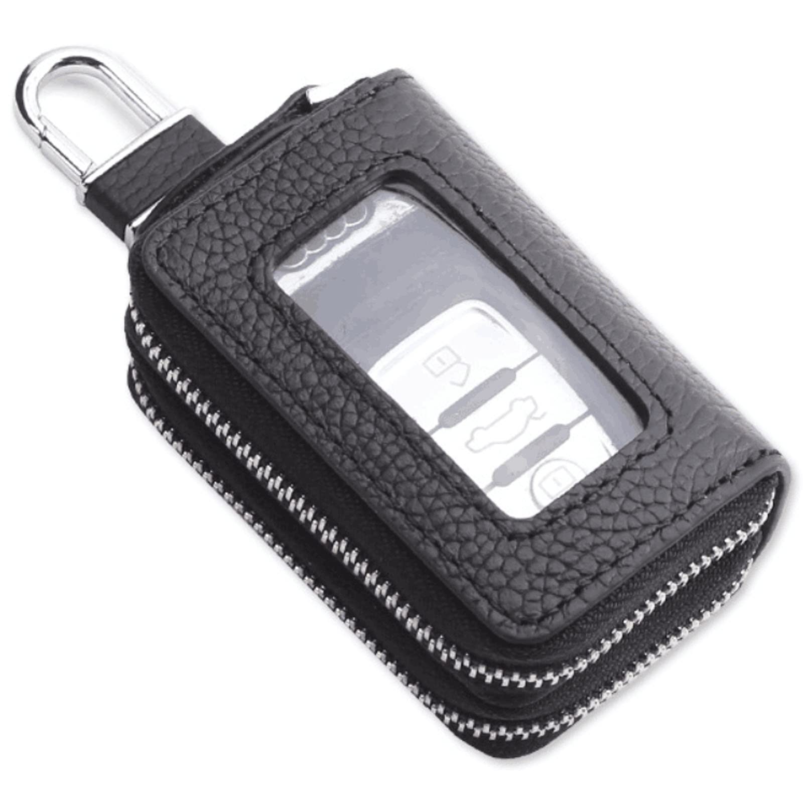 Photo 1 of Car Key Case, Double Sides Pocket Zipper Remote Fob Keychain Holder Pouch for Men Women, Genuine Leather with Visible Window & Metal Hook & Keyrings (Black w/Window)