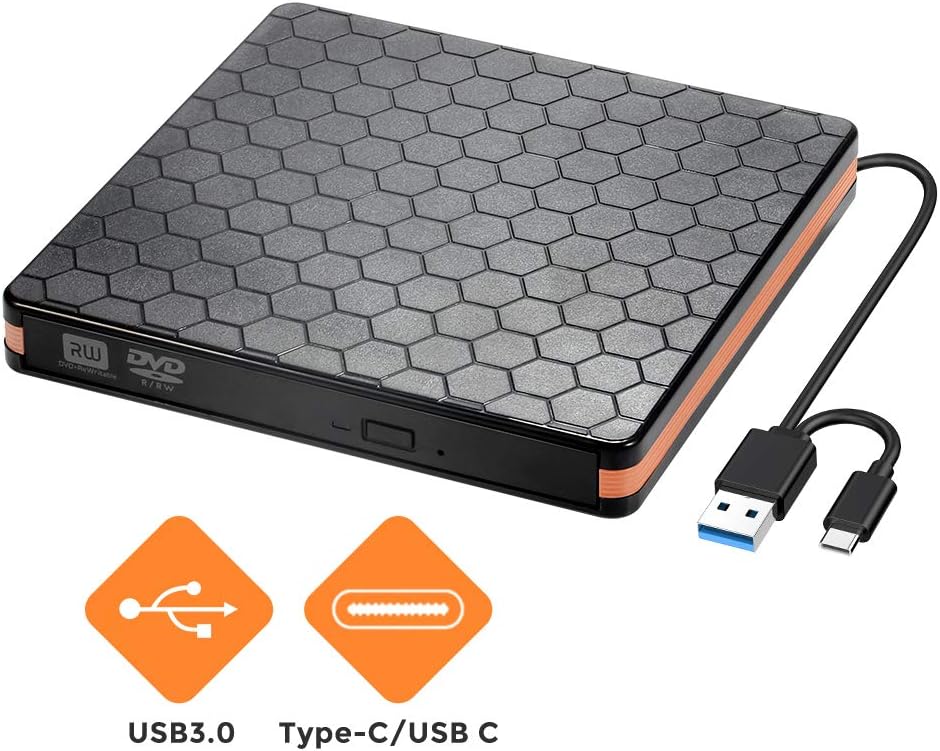 External DVD CD Drive, External CD Rewriter Burner Reader with USB 3.0 and Type C Interface, High Speed Data Transfer USB Optical Drives for Win10/XP/Win 7/Win 8, Laptop, Mac, Macbook Air/Pro