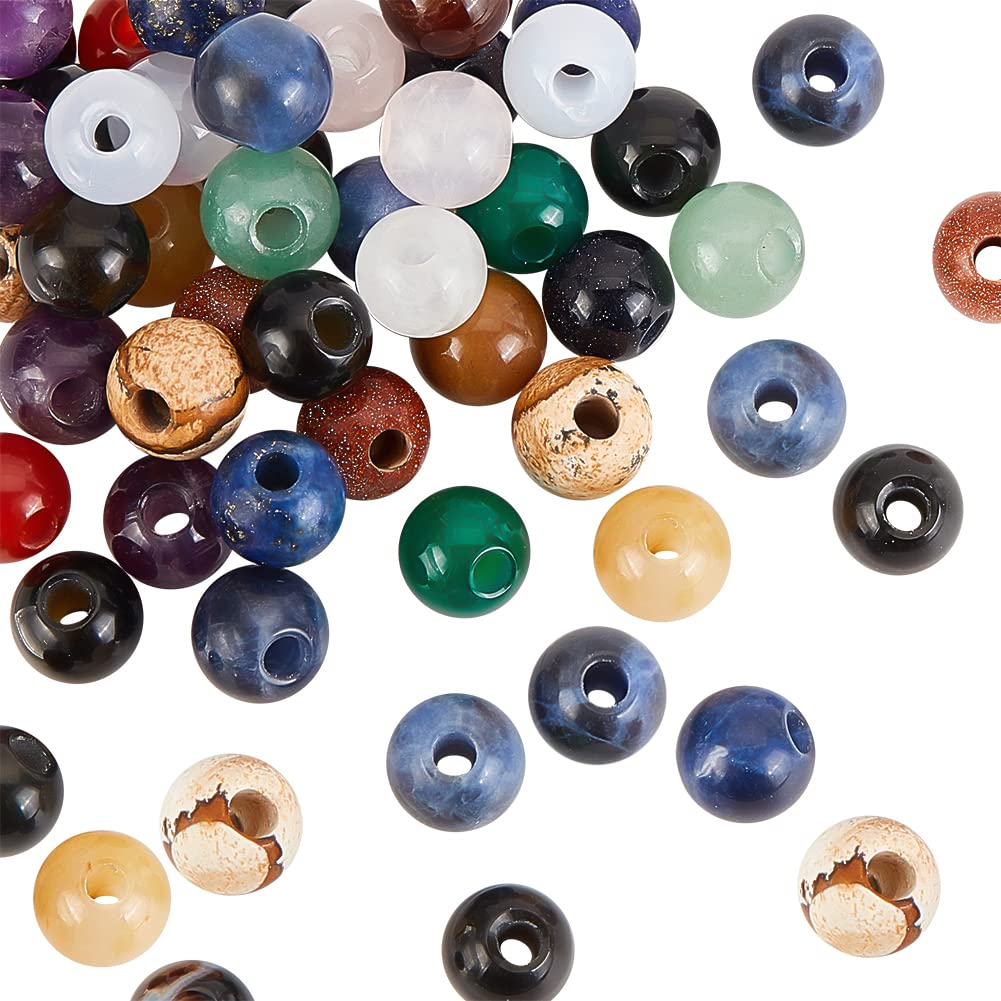 OLYCRAFT 36 Pcs Big Hole Natural Stone Beads Random Round Loose Gemstones 2.5mm Hole Beads Assorted Large Hole Stones for DIY Necklace Charm Bracelet Jewelry Making