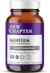 New Chapter Magnesium + Ashwagandha Supplement, 325 mg with Magnesium Glycinate for Muscle Relaxation & Recovery, Heart, Nerv
