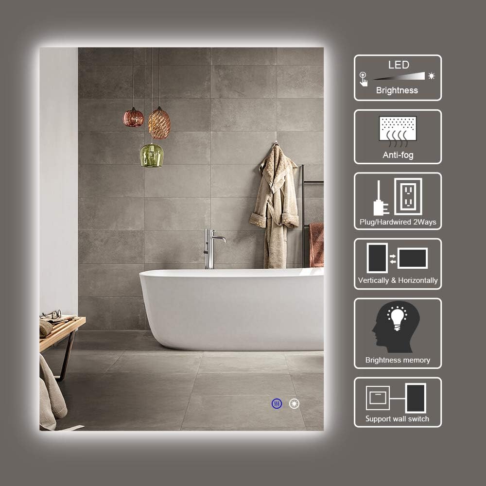 TokeShimi 36 x 28 Inch LED Backlit Mirror Bathroom Lighted Mirror Anti-Fog Wall Mounted Bath Mirror Dimmable Makeup Mirror with Lights (Horizontal/Vertical): Furniture & Decor