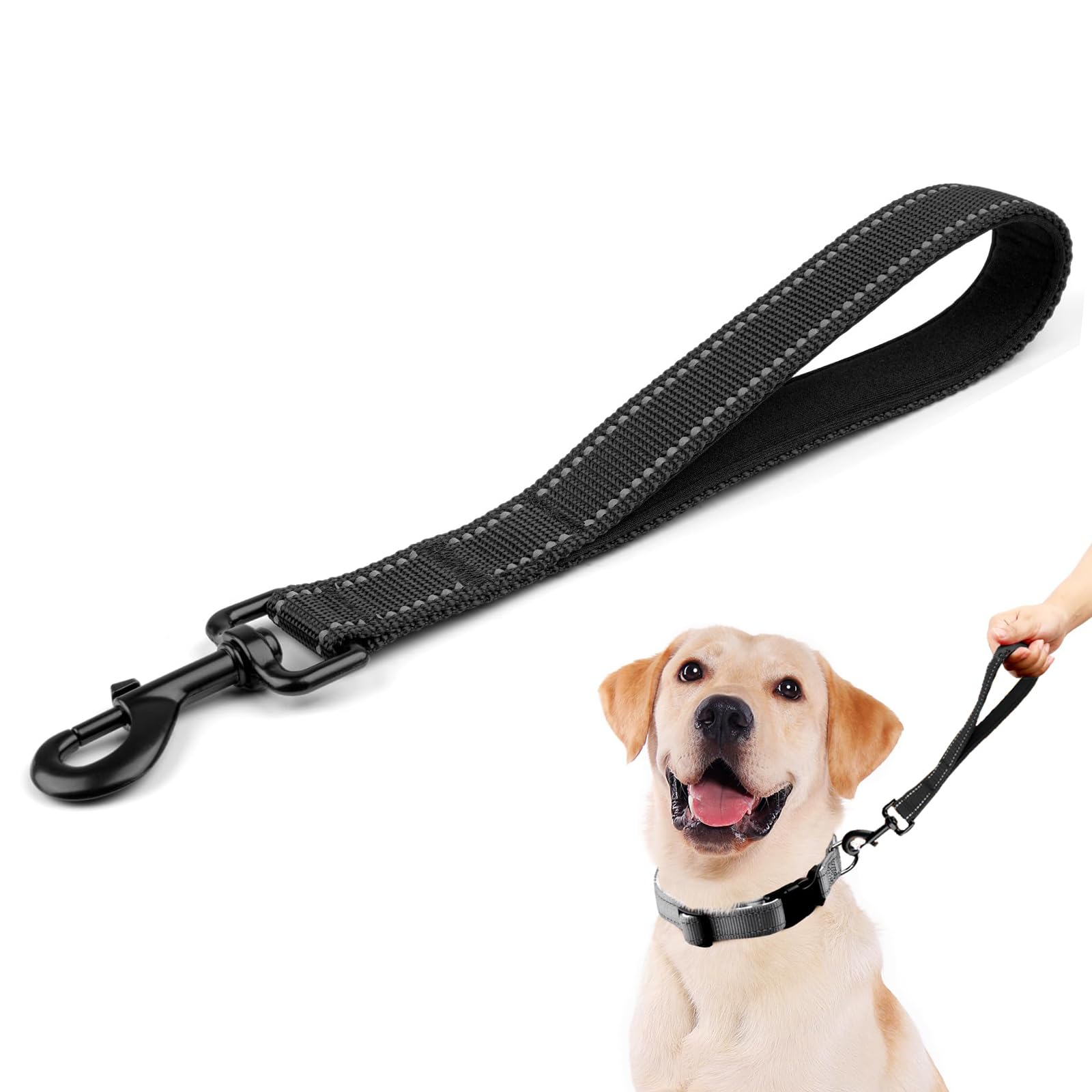 Short Dog Lead, House Lead for Dogs, 30 cm Long, Short Training Rope with Comfortable Padded Handle, Metal Swivel Hook for Medium Large Dogs, Black