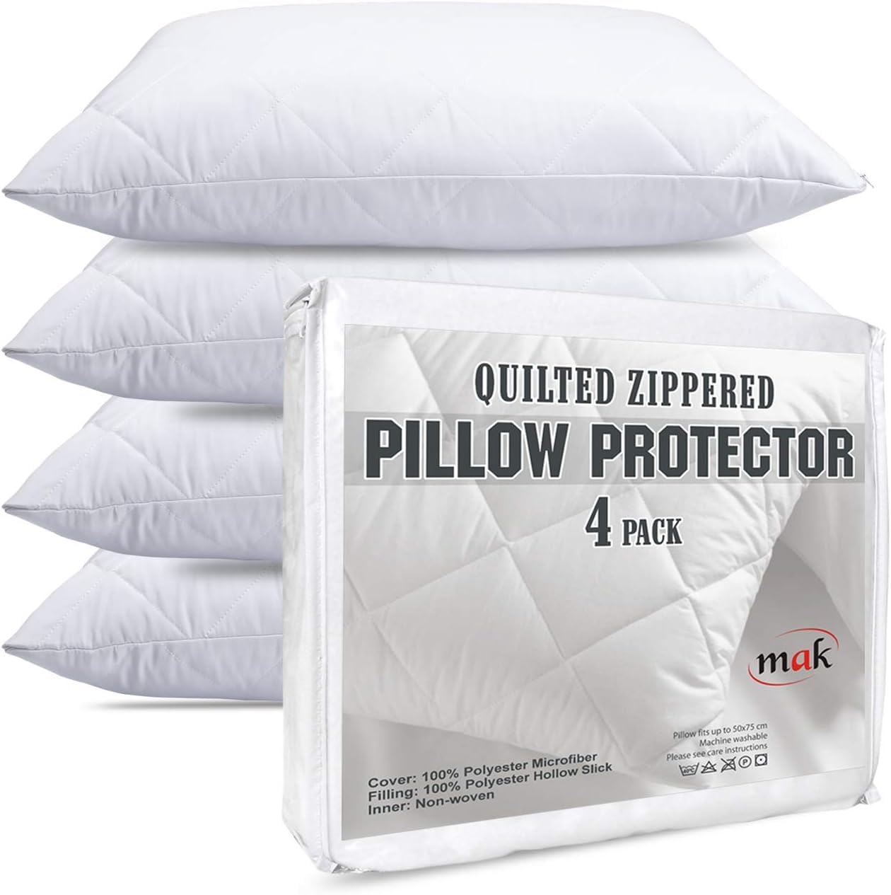 mak Pillow Protectors Pack Of 4 Quilted Pillow Cases Protector Zippered Enclosure White 75x50 cm (Quilted Pack of 4 | 50x75 cm)