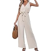 CUPSHE Women's Sleeveless V Neck Wrap Tie Front Eyelet Dressy Work Summer Wide Leg Beach Vacation Jumpsuits