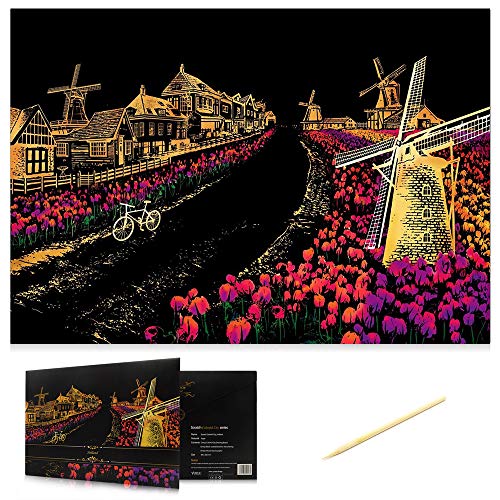 C-pop Scratch Art Paper DIY Night View Scratchboard for Adult and Kids,Dazzle Colour Series Size 11.2''x16'' (Las Vegas) (Windmill in Holland) - Thumbnail 4