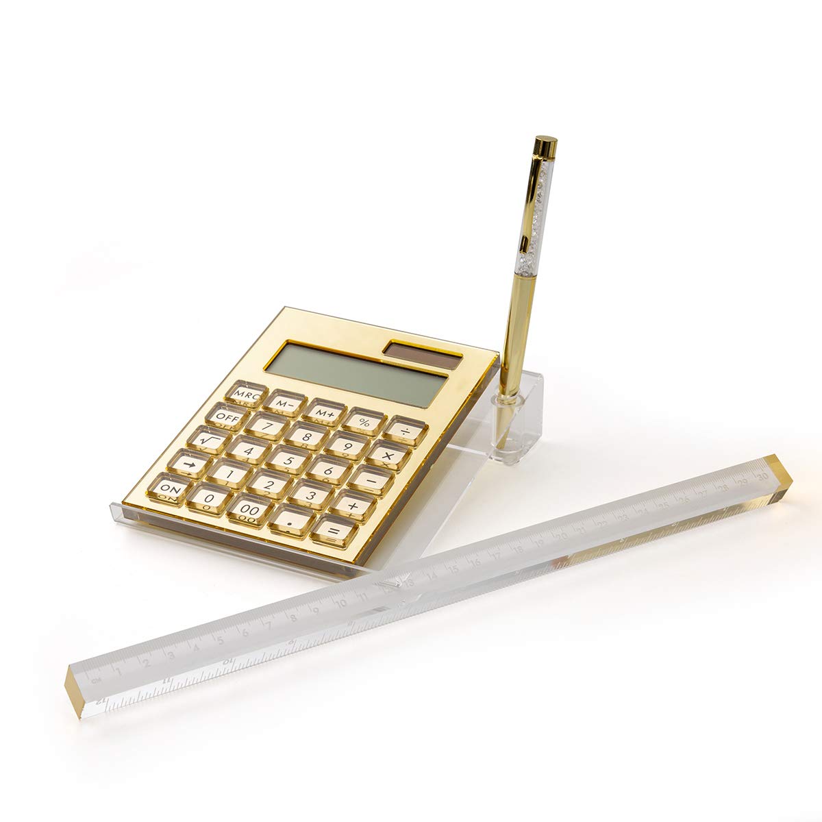 EXPUTRAN Acrylic Gold Calculator Set-4 Piece, Solar Hybrid Powered LCD Display,12-Digit,Acrylic Stand & Acrylic Ruler+Free Complimentary Stylish Pen,Office Desktop Accessories